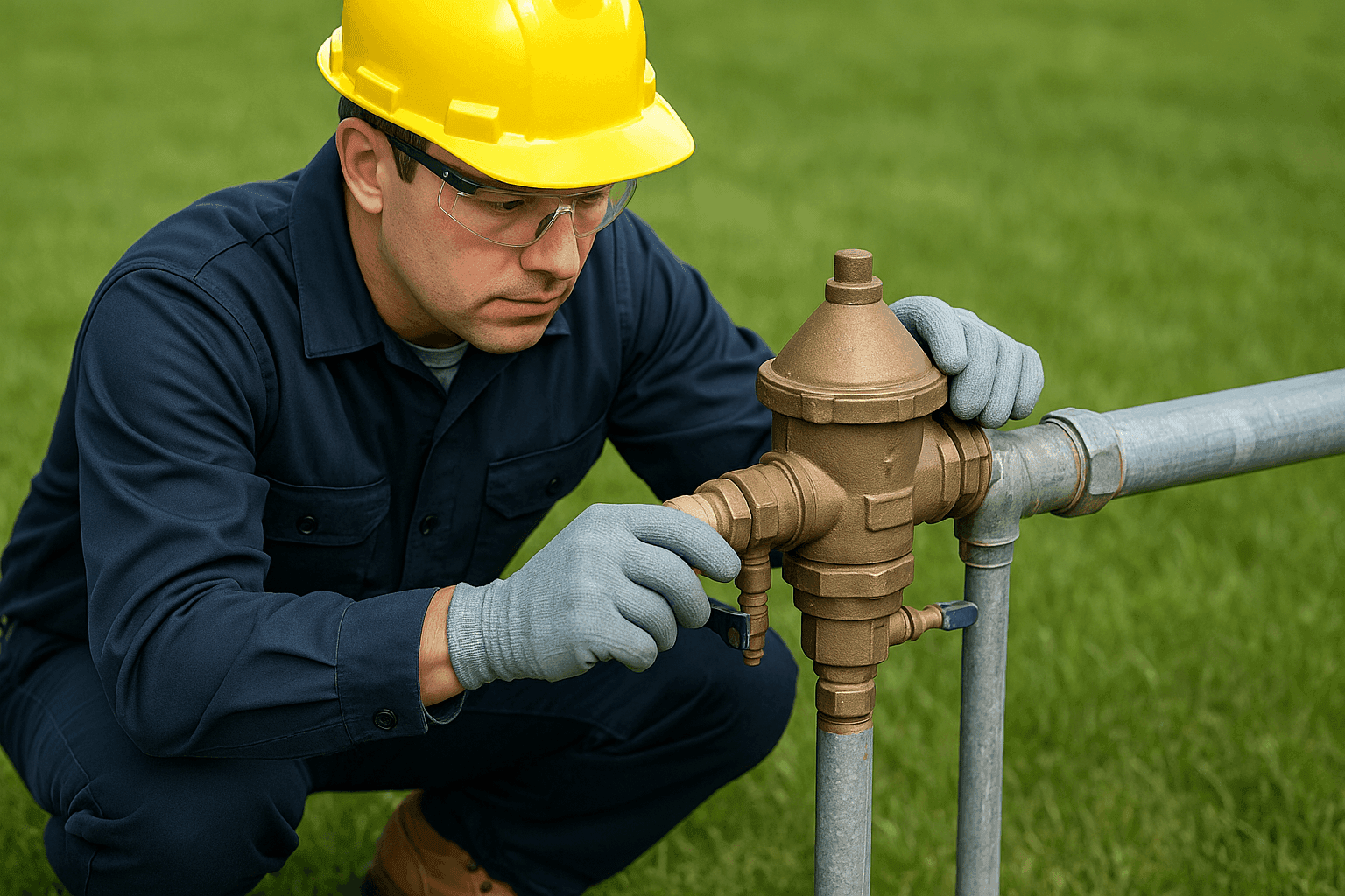 Plumber inspecting backflow prevention device on outdoor pipe
