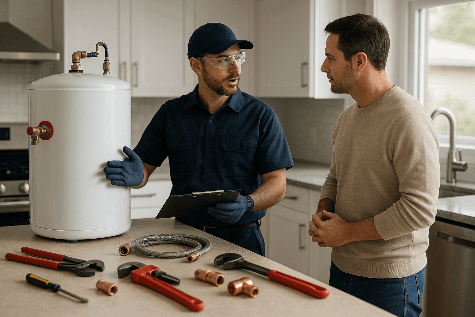 Plumber explaining water heater choices to homeowner in kitchen