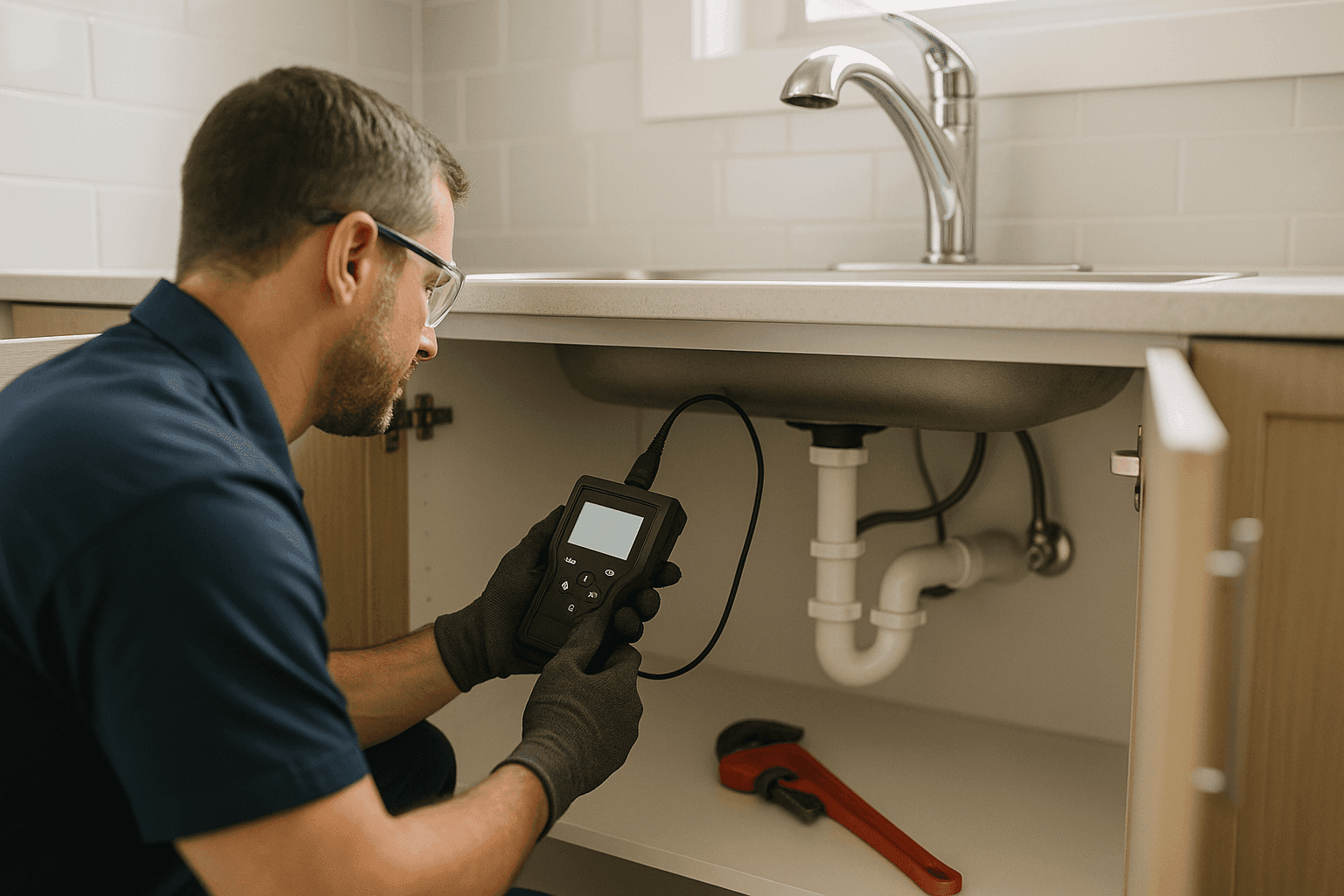 Plumber performing leak detection under kitchen sink using specialized equipment