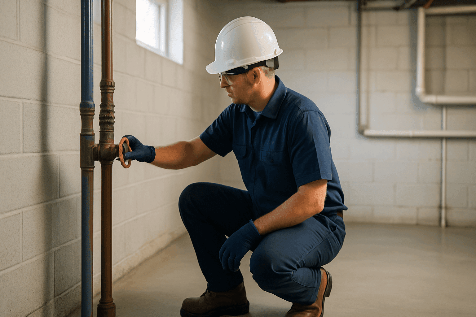 Plomero con EPP cerrando la válvula principal de agua en un sótano residencial