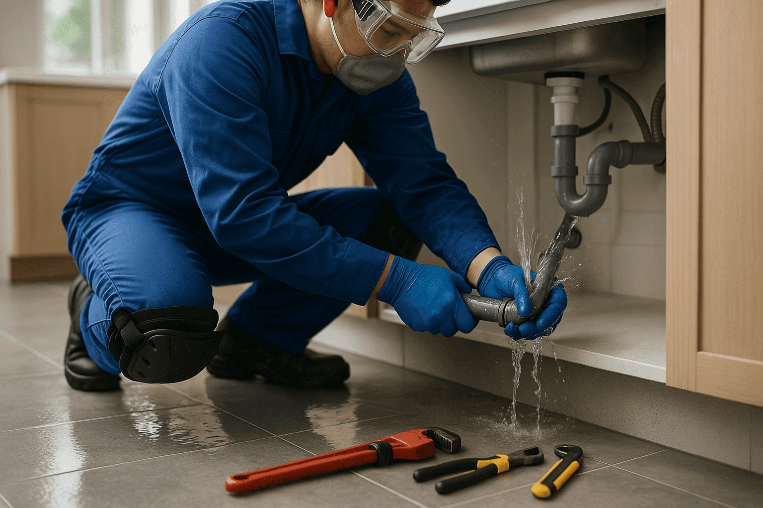 Technician fixing burst pipe under kitchen sink with water pooling on floor