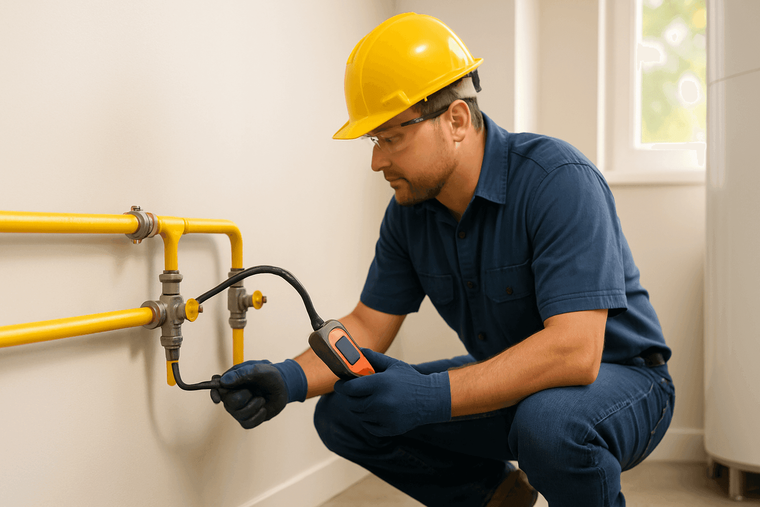 Plumber inspecting a newly installed gas line with a gas leak detector tool