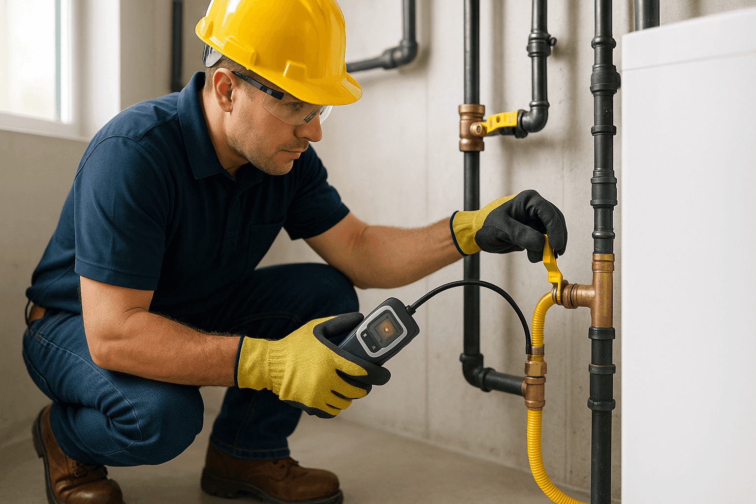 Plomero inspeccionando la conexión de una línea de gas residencial con equipo de seguridad