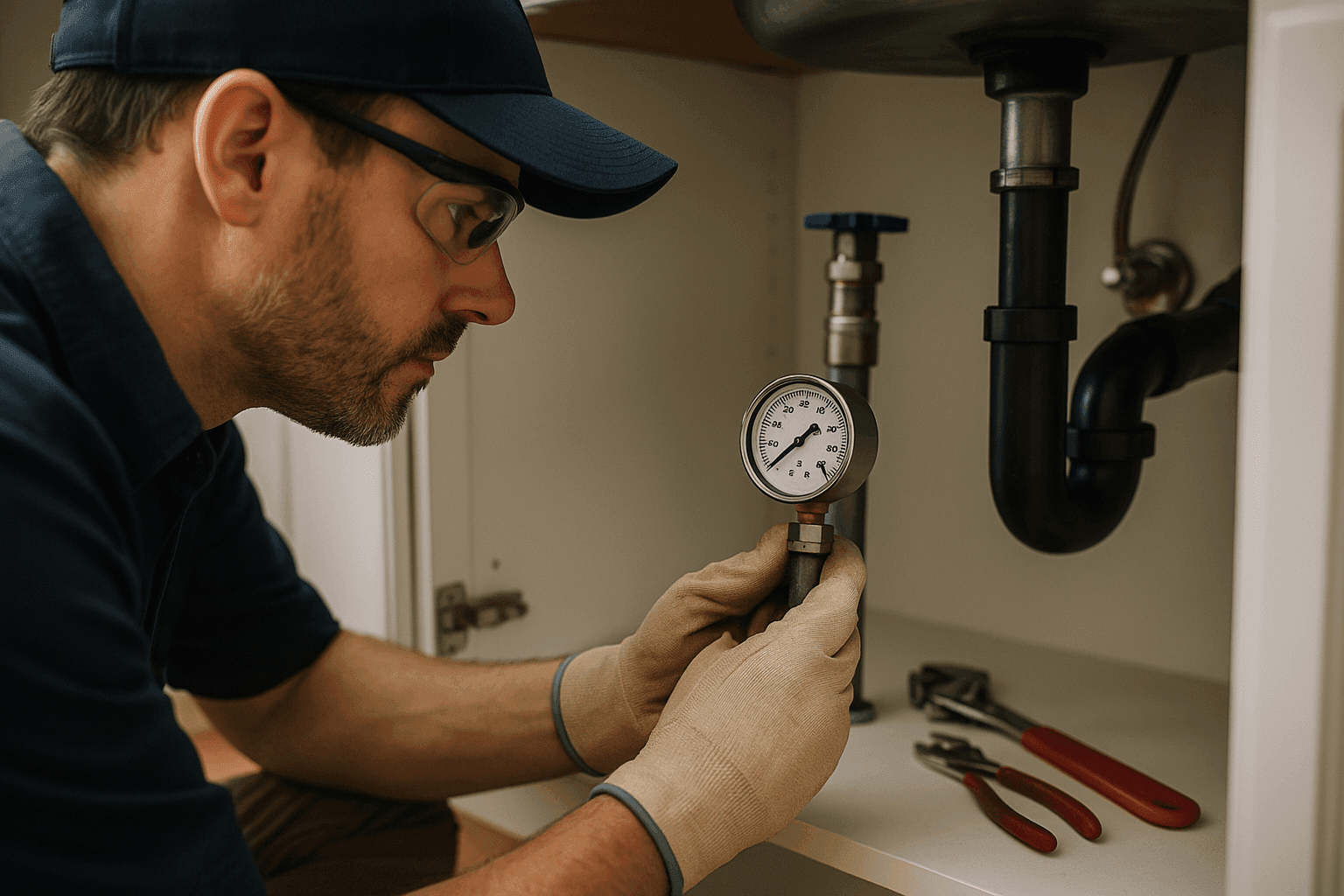 Homeowner checking water pressure gauge under kitchen sink