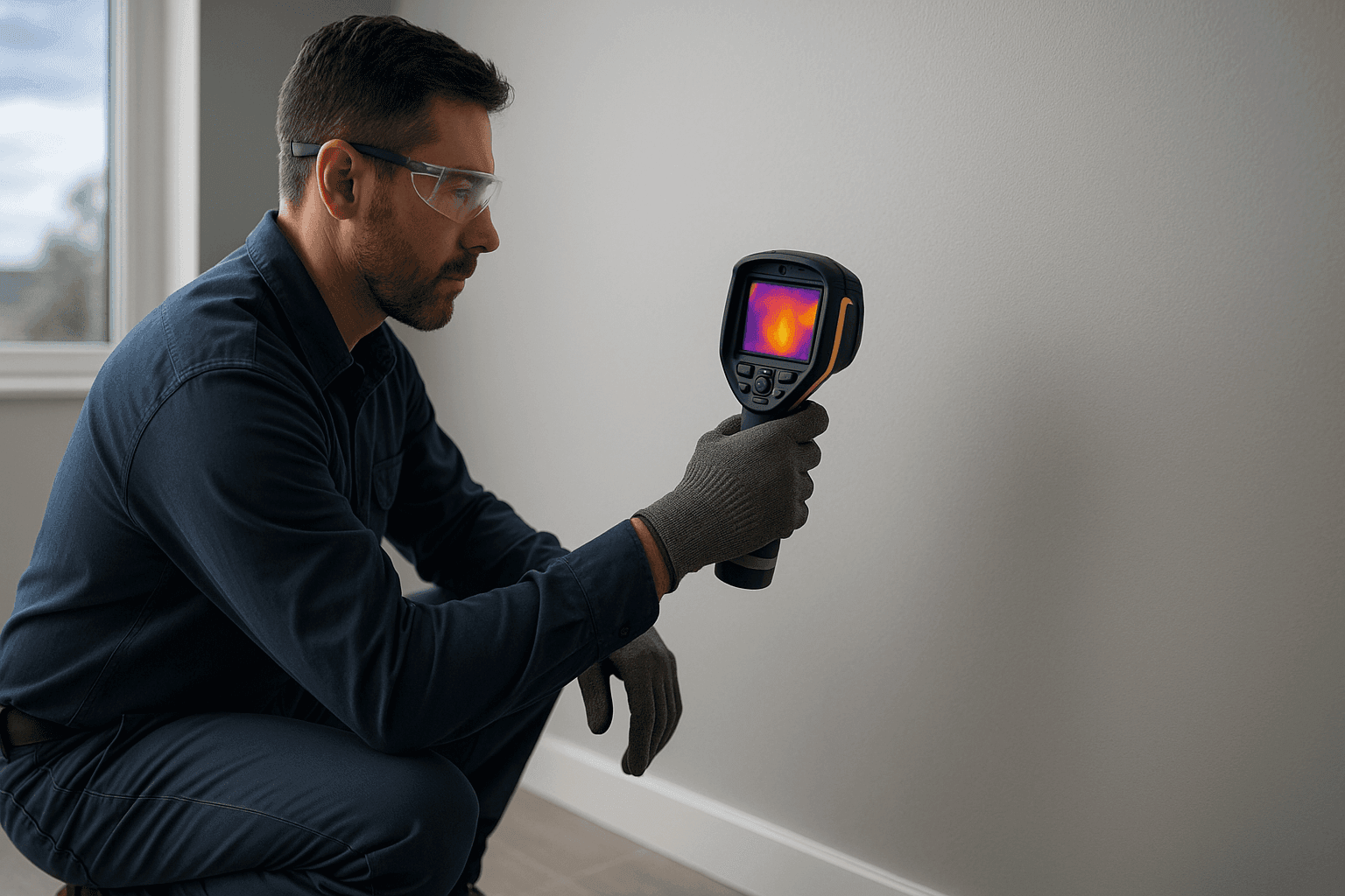 Plumber using thermal imaging device to detect hidden water leak in a wall