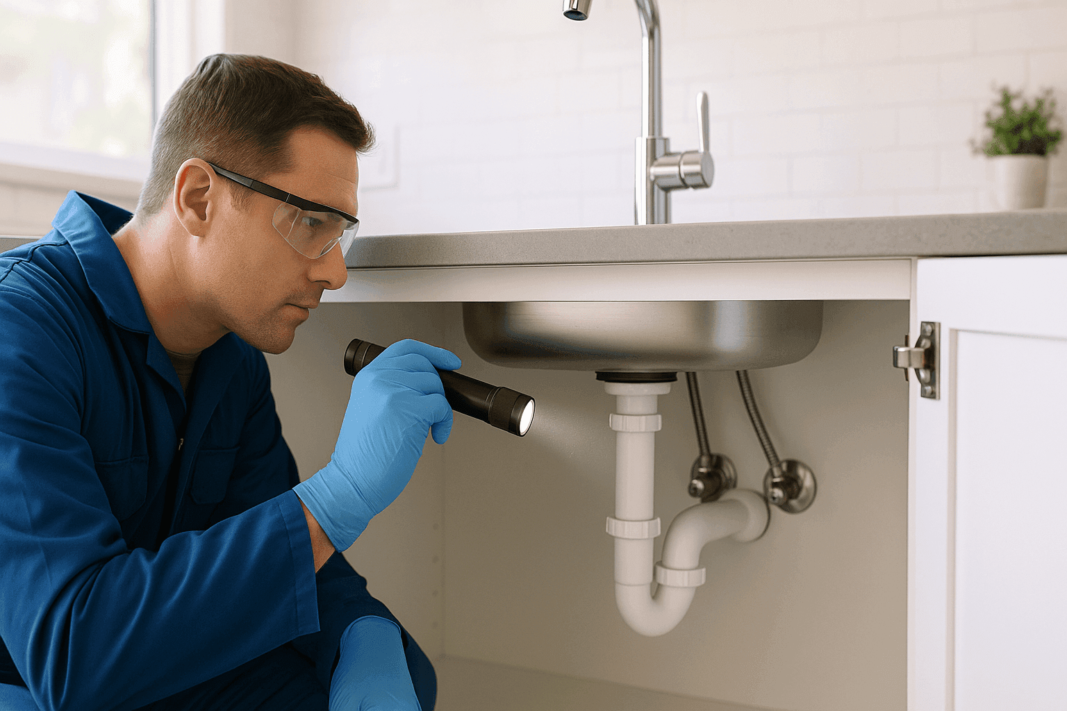 Plomero inspeccionando tuberías bajo el fregadero de la cocina para mantenimiento preventivo