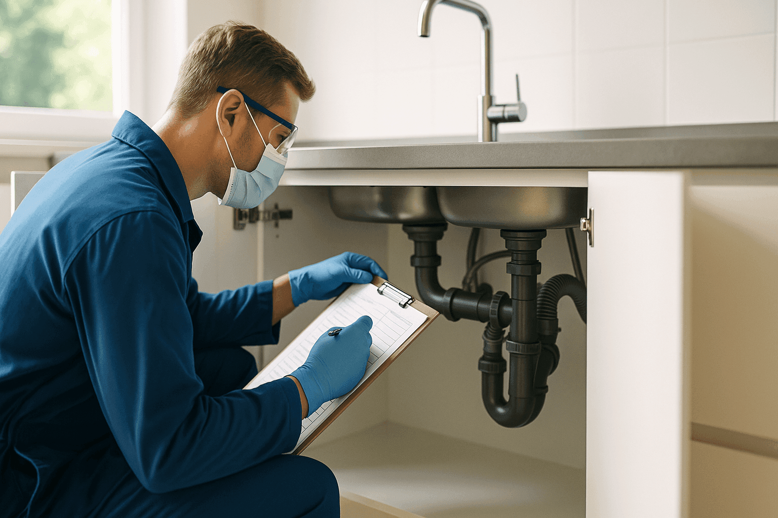 Plomero revisando debajo del fregadero de la cocina con una lista de verificación de mantenimiento en una tabla