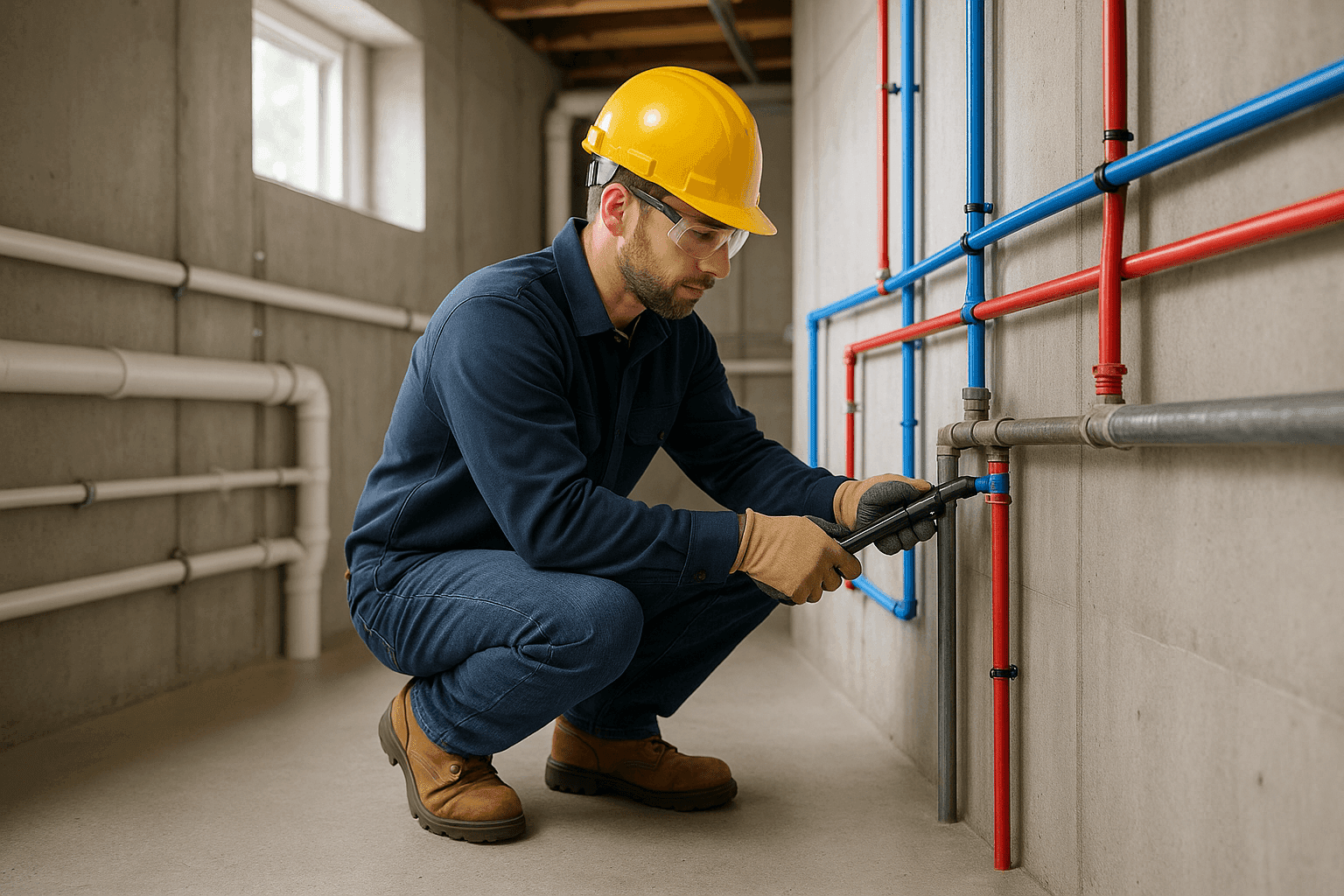 Plomero reemplazando tuberías galvanizadas antiguas por tuberías modernas de PEX en un sótano